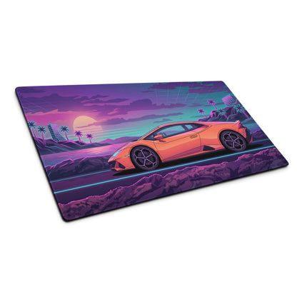 Lamborghini Huracán Inspired Orange Purple Vaporwave Gaming Mouse Pad – Neon Coastal Sunset Desk Mat, Retro Futuristic Supercar Digital Art