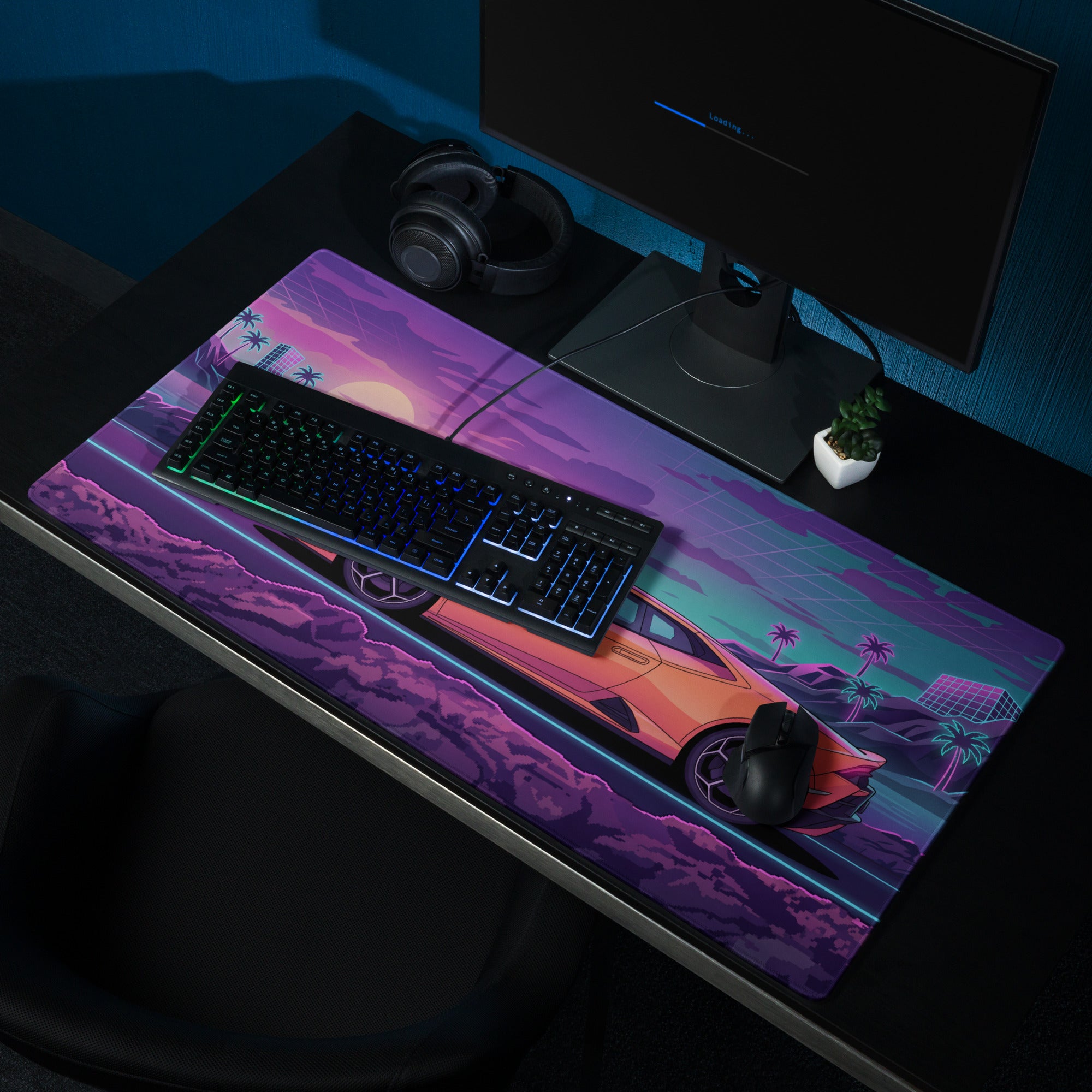 Lamborghini Huracán Inspired Orange Purple Vaporwave Gaming Mouse Pad – Neon Coastal Sunset Desk Mat, Retro Futuristic Supercar Digital Art
