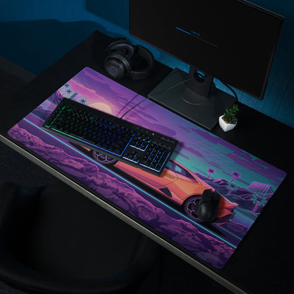 Lamborghini Huracán Inspired Orange Purple Vaporwave Gaming Mouse Pad – Neon Coastal Sunset Desk Mat, Retro Futuristic Supercar Digital Art