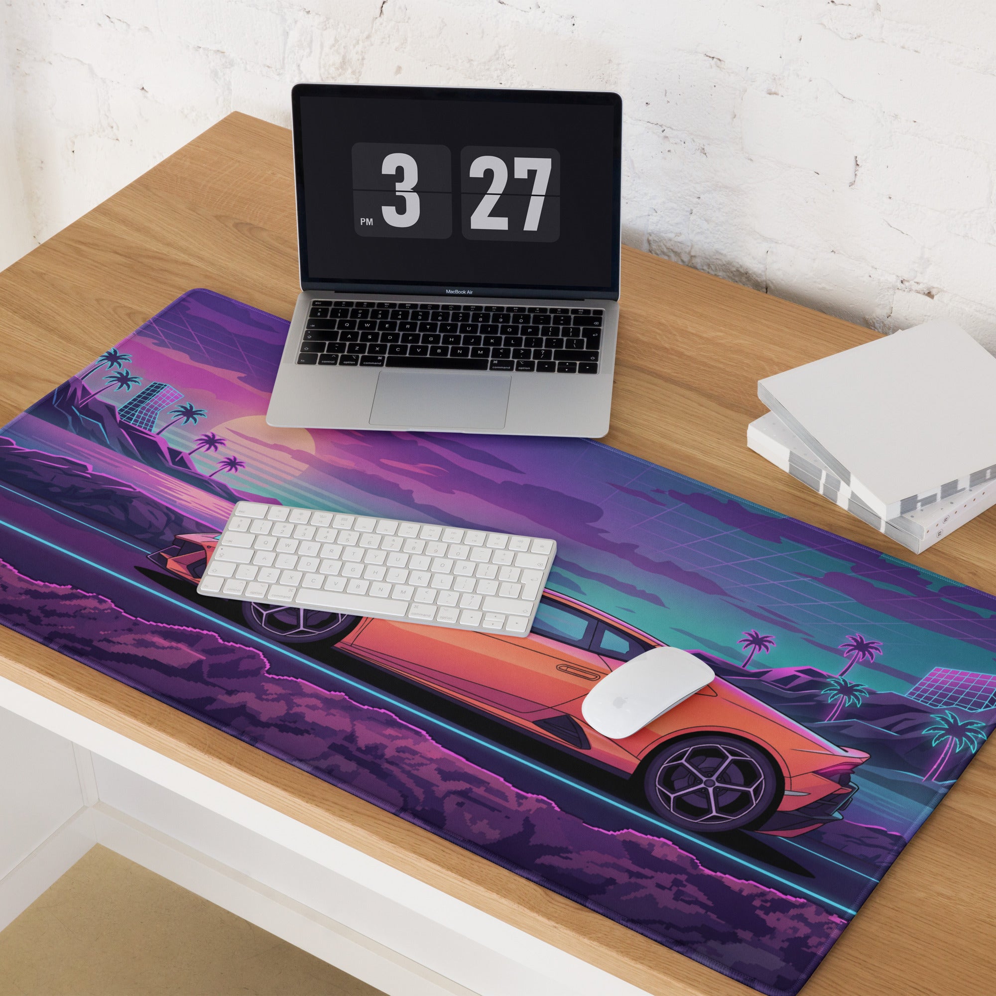 Lamborghini Huracán Inspired Orange Purple Vaporwave Gaming Mouse Pad – Neon Coastal Sunset Desk Mat, Retro Futuristic Supercar Digital Art