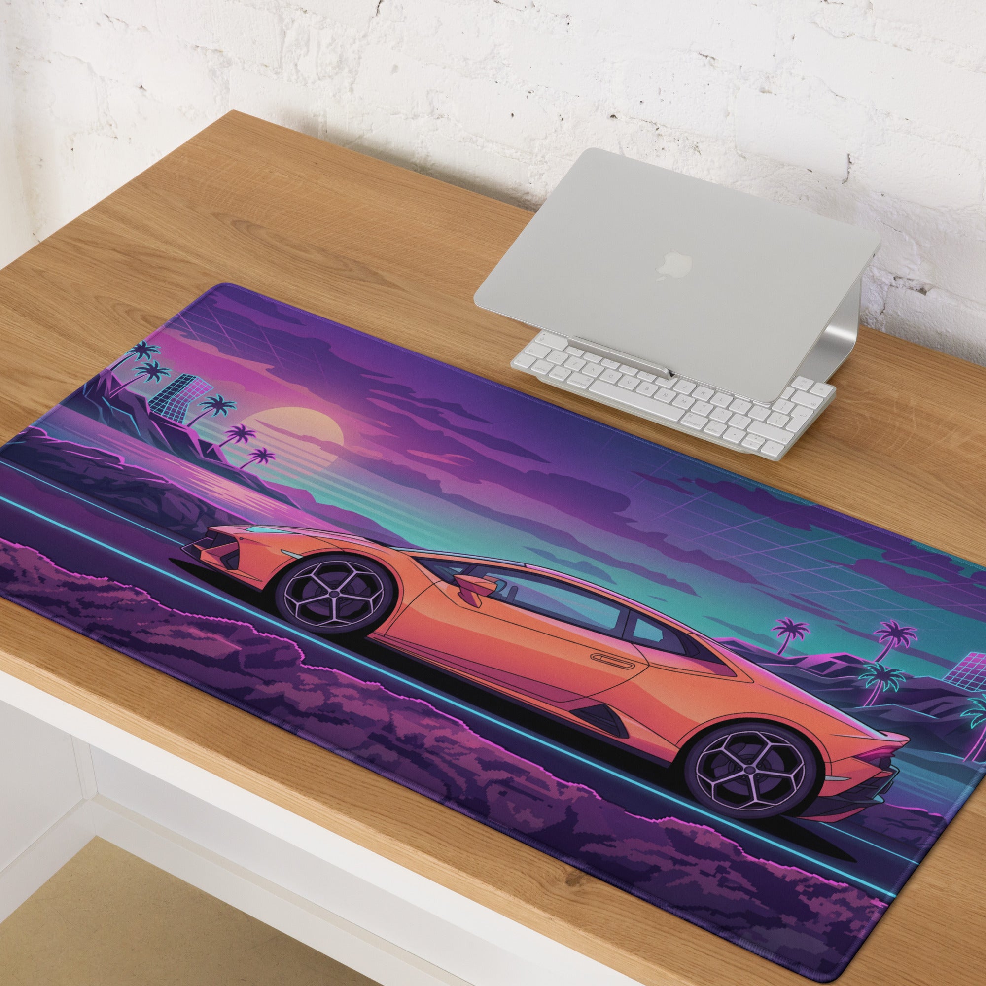 Lamborghini Huracán Inspired Orange Purple Vaporwave Gaming Mouse Pad – Neon Coastal Sunset Desk Mat, Retro Futuristic Supercar Digital Art