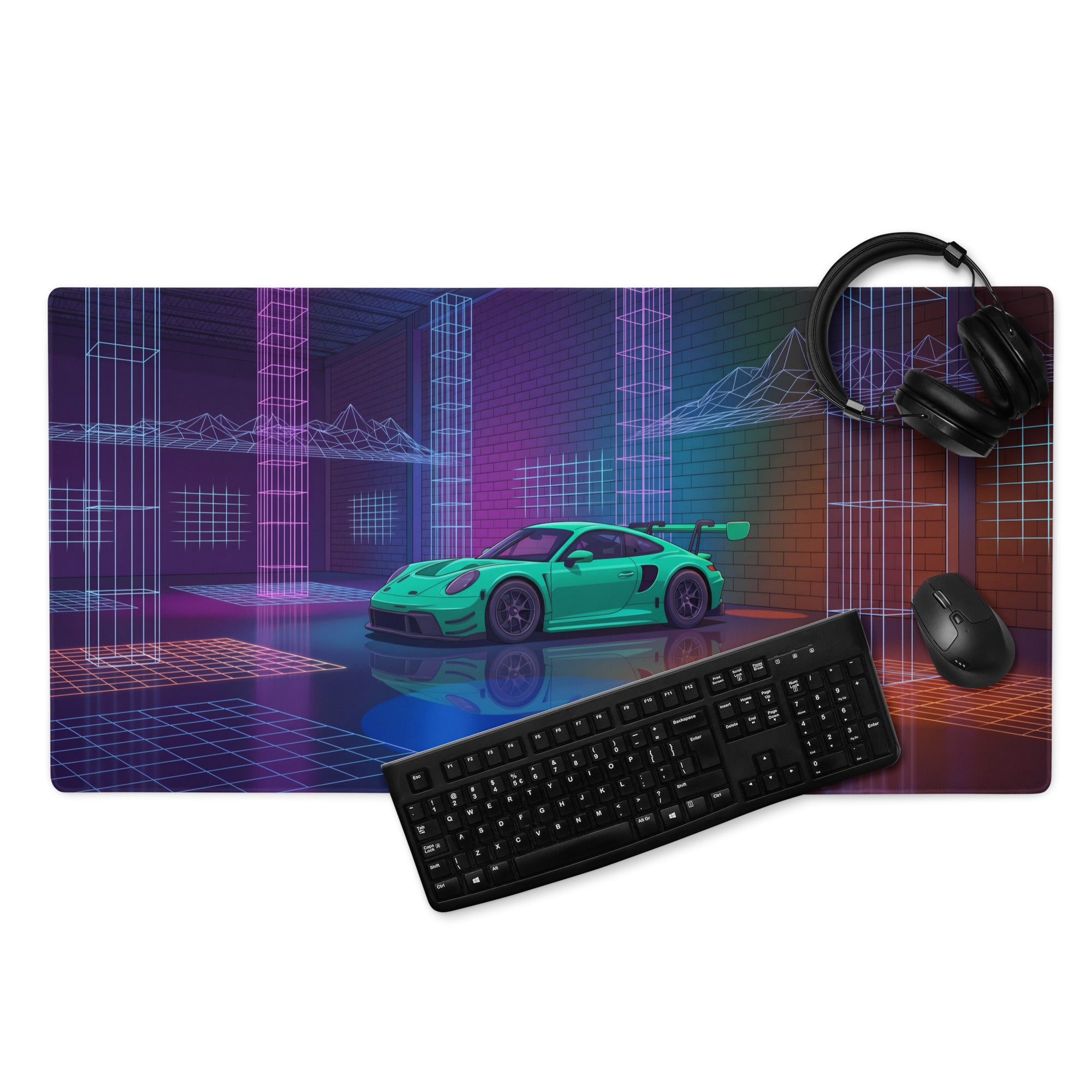 Porsche 911 GT3 RS Inspired Green Vaporwave Gaming Mouse Pad – Neon Cyberpunk Grid Showroom Desk Mat with Retro Futuristic Synthwave Art
