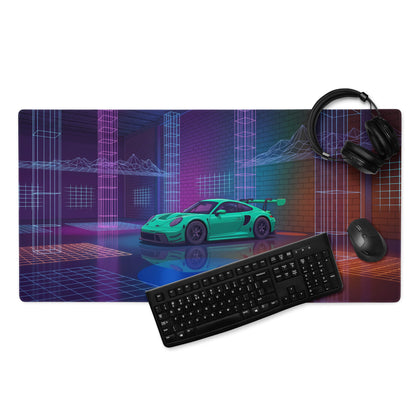Porsche 911 GT3 RS Inspired Green Vaporwave Gaming Mouse Pad – Neon Cyberpunk Grid Showroom Desk Mat with Retro Futuristic Synthwave Art