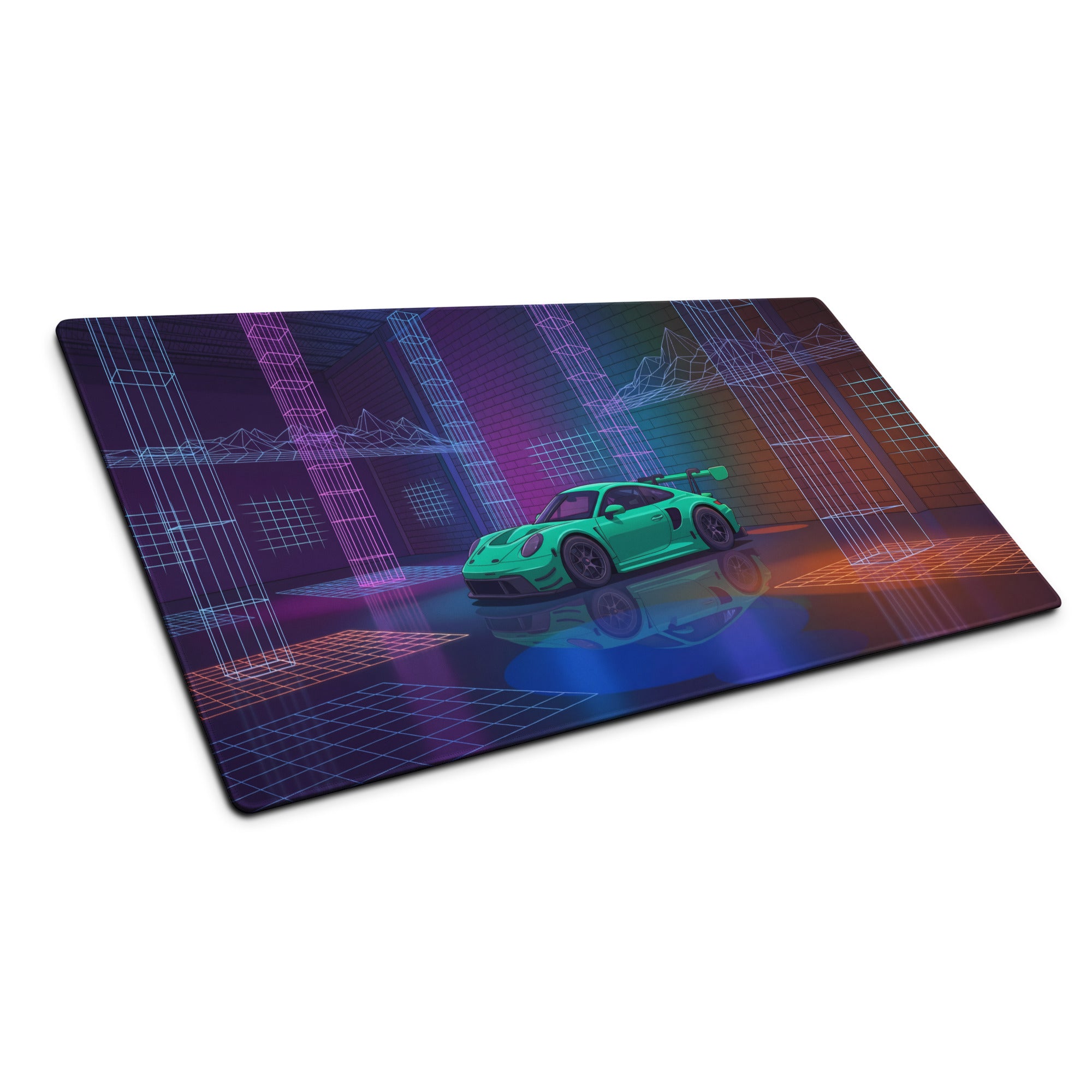 Porsche 911 GT3 RS Inspired Green Vaporwave Gaming Mouse Pad – Neon Cyberpunk Grid Showroom Desk Mat with Retro Futuristic Synthwave Art