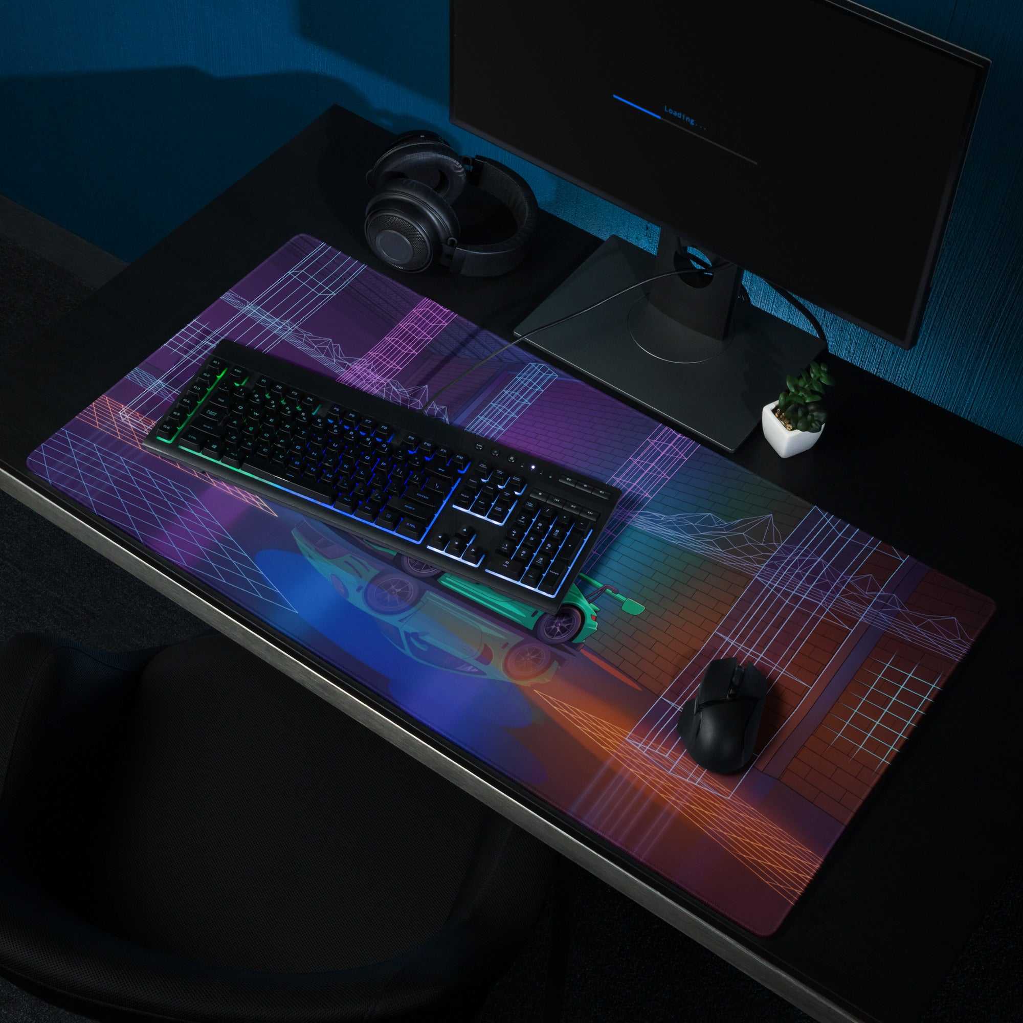 Porsche 911 GT3 RS Inspired Green Vaporwave Gaming Mouse Pad – Neon Cyberpunk Grid Showroom Desk Mat with Retro Futuristic Synthwave Art
