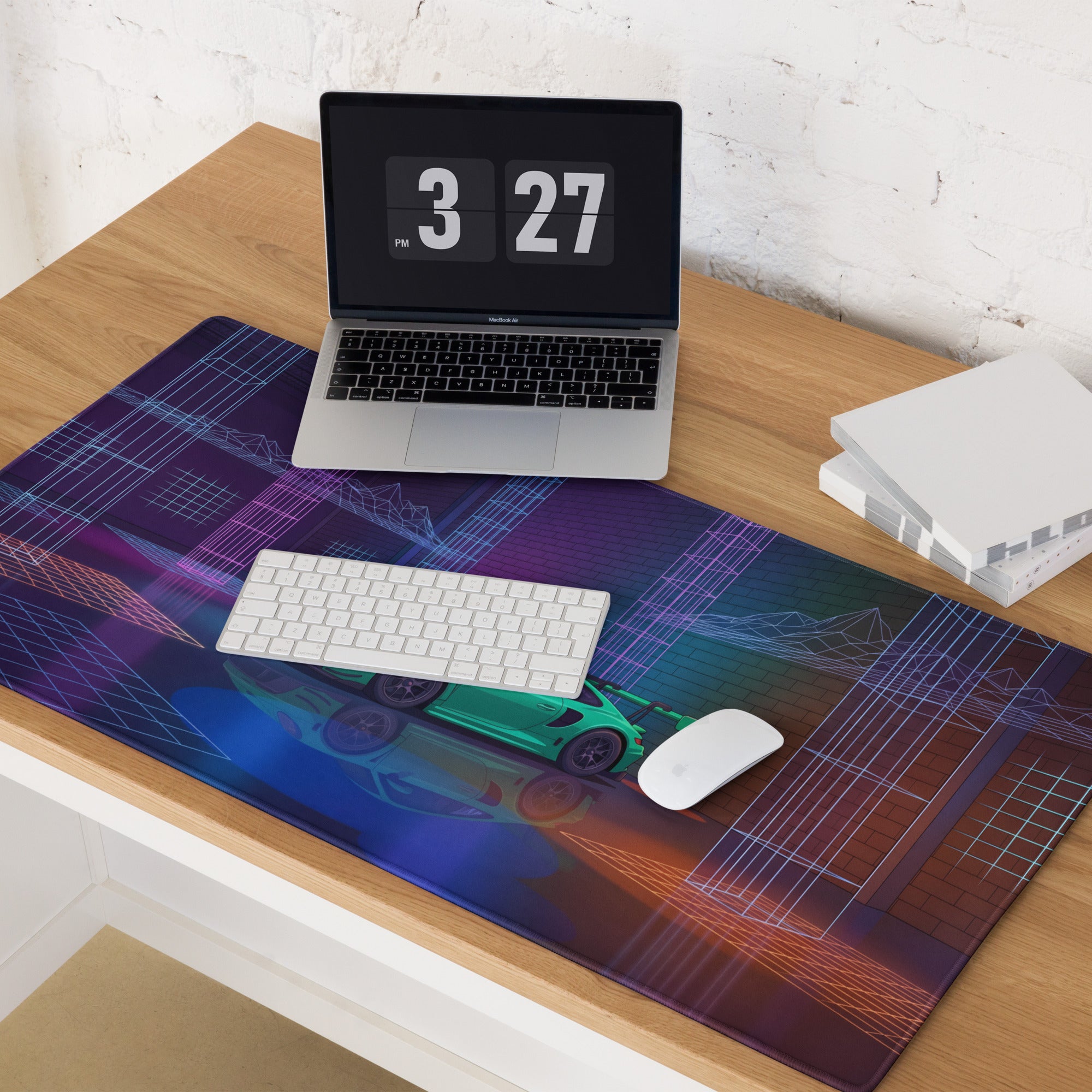 Porsche 911 GT3 RS Inspired Green Vaporwave Gaming Mouse Pad – Neon Cyberpunk Grid Showroom Desk Mat with Retro Futuristic Synthwave Art