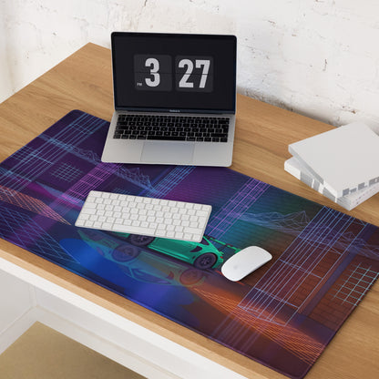 Porsche 911 GT3 RS Inspired Green Vaporwave Gaming Mouse Pad – Neon Cyberpunk Grid Showroom Desk Mat with Retro Futuristic Synthwave Art