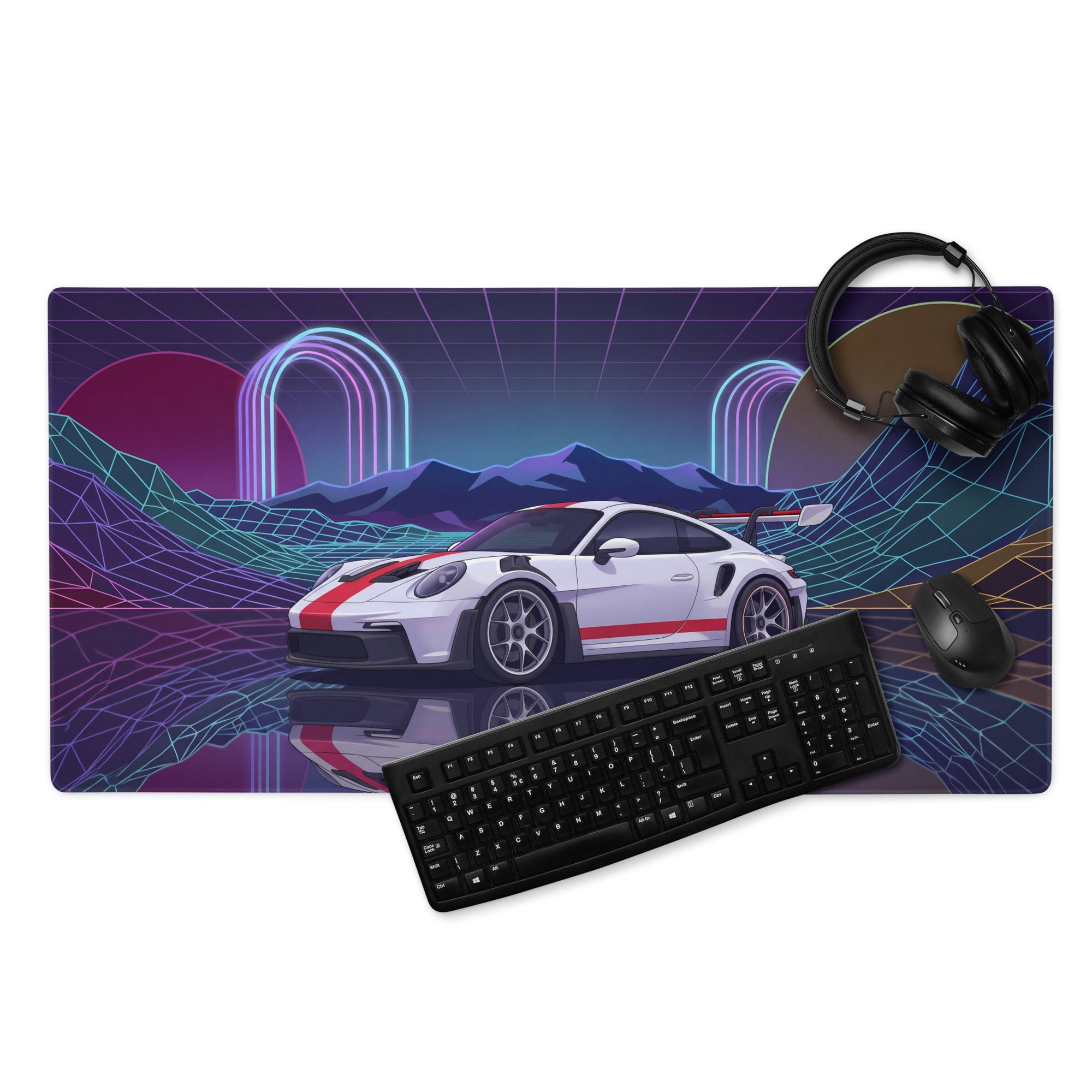 Porsche 911 GT3 RS Inspired White Red Vaporwave Gaming Mouse Pad – Neon Grid Mountain Desk Mat with Retro Futuristic Arches and Synthwave Racing Art