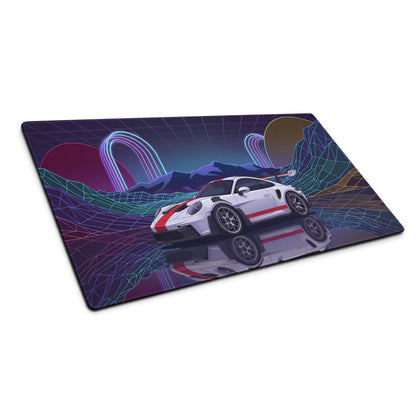 Porsche 911 GT3 RS Inspired White Red Vaporwave Gaming Mouse Pad – Neon Grid Mountain Desk Mat with Retro Futuristic Arches and Synthwave Racing Art