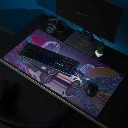 Porsche 911 GT3 RS Inspired White Red Vaporwave Gaming Mouse Pad – Neon Grid Mountain Desk Mat with Retro Futuristic Arches and Synthwave Racing Art