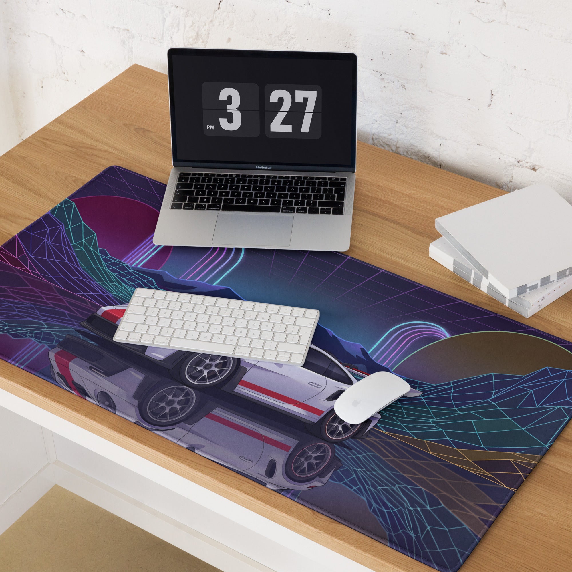 Porsche 911 GT3 RS Inspired White Red Vaporwave Gaming Mouse Pad – Neon Grid Mountain Desk Mat with Retro Futuristic Arches and Synthwave Racing Art