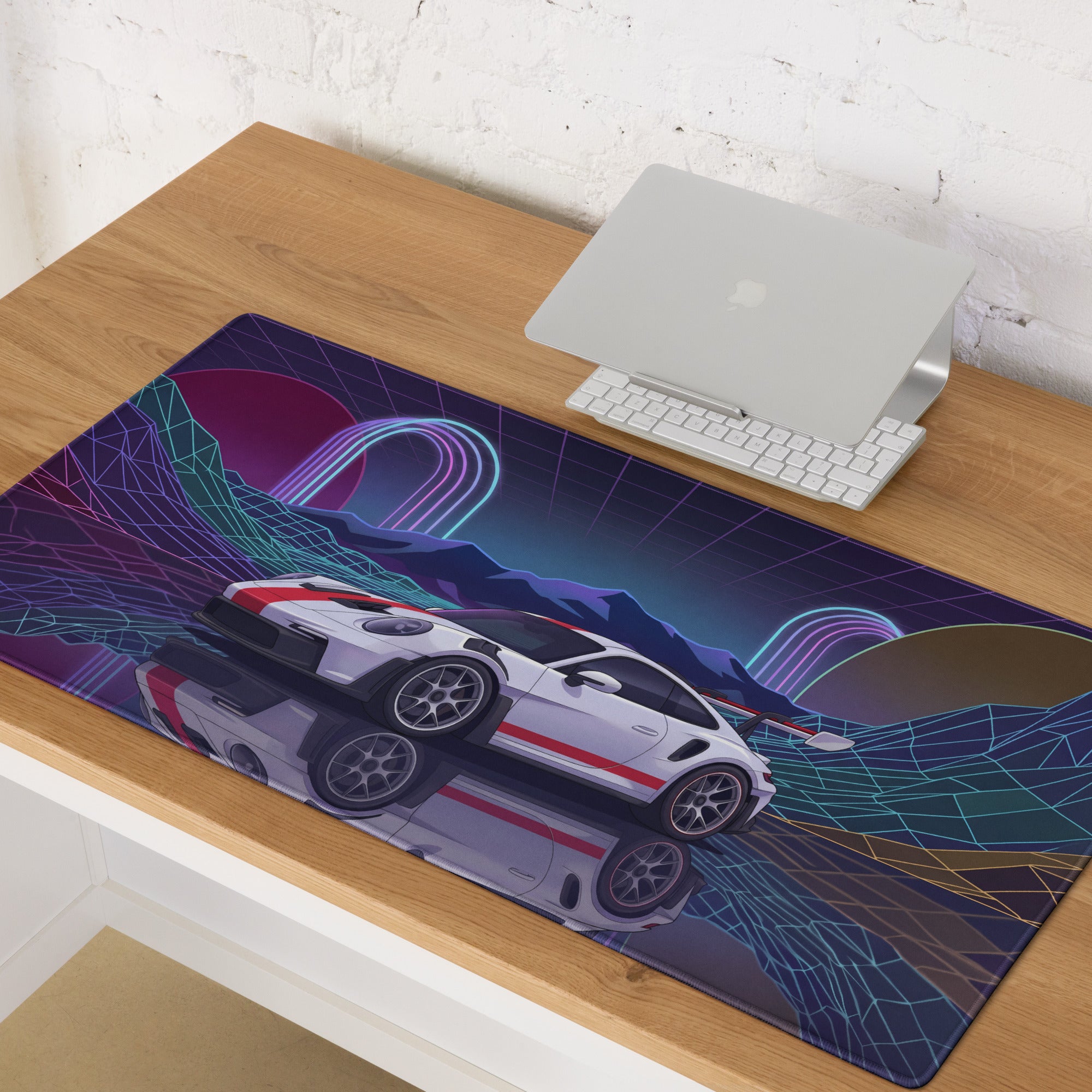 Porsche 911 GT3 RS Inspired White Red Vaporwave Gaming Mouse Pad – Neon Grid Mountain Desk Mat with Retro Futuristic Arches and Synthwave Racing Art