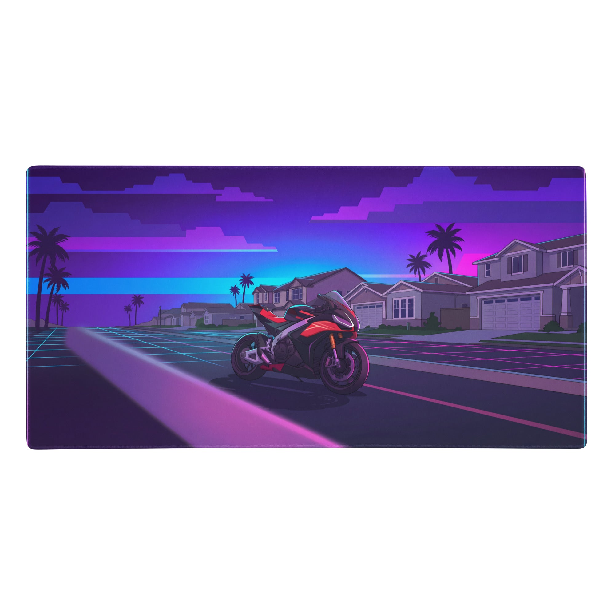 Aprilia rsv4 1100 factory inspired red purple vaporwave gaming mouse pad with neon suburban street sportbike art