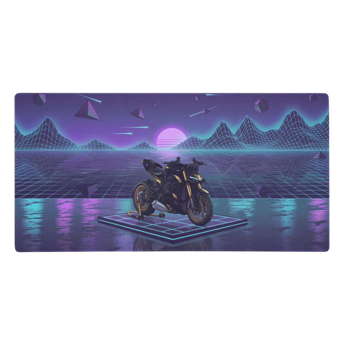 Nostalgic retro futuristic ducati streetfighter v4s inspired white purple gaming mouse pad with neon grid design