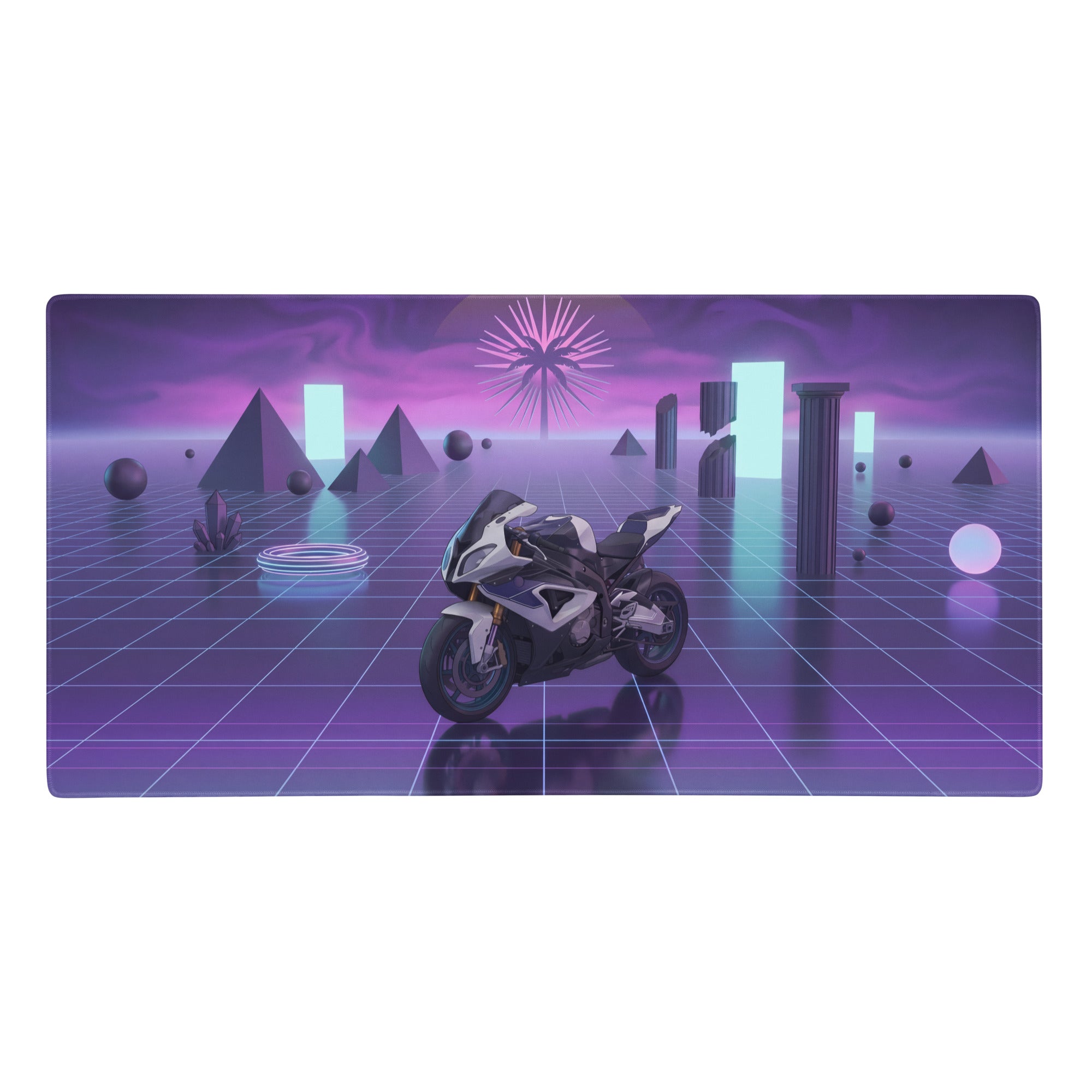 Sleek black and white BMW S1000RR inspired vaporwave gaming mouse pad with neon purple grid and retro futuristic design