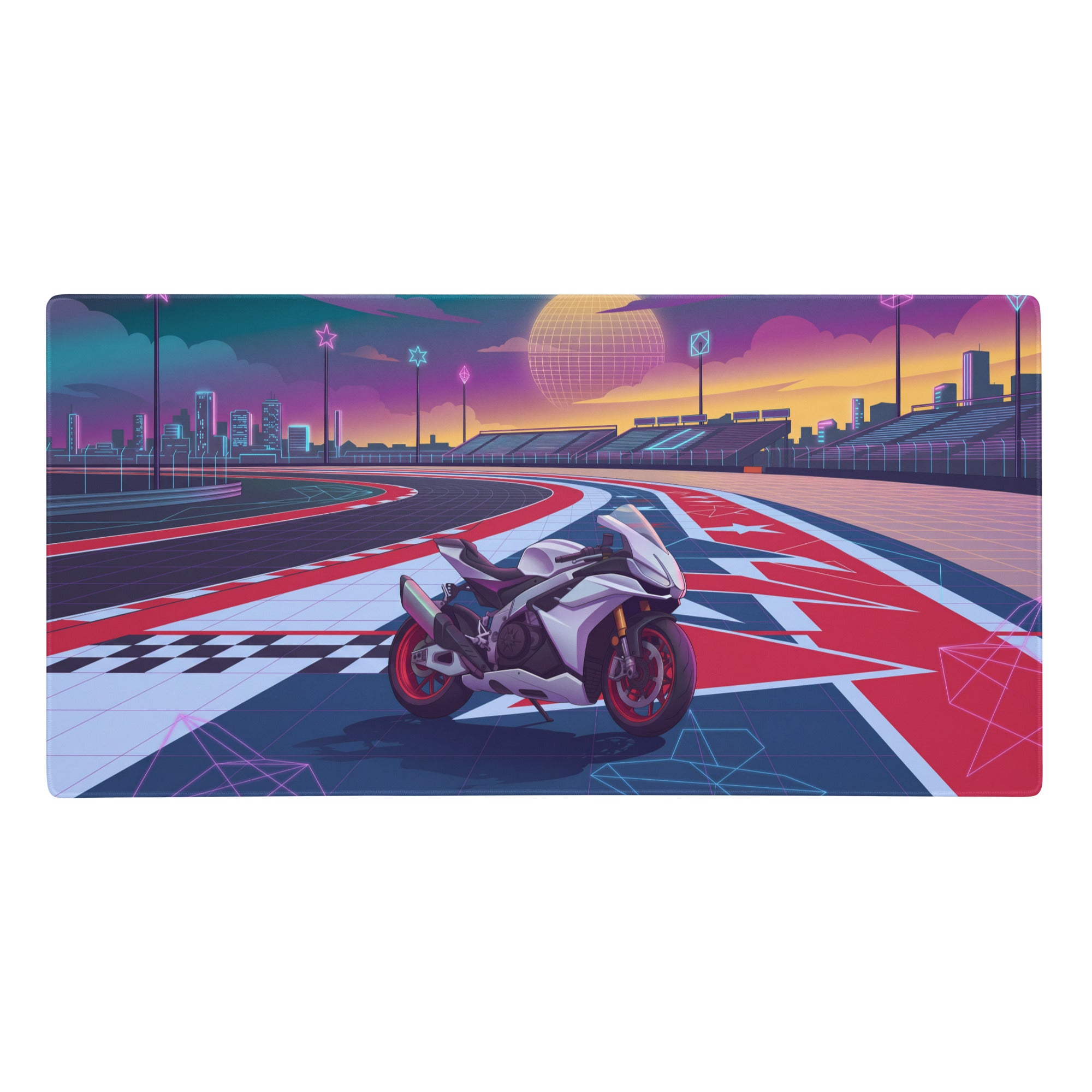 Aprilia rsv4 factory inspired white red vaporwave gaming mouse pad with sleek sportbike and neon union jack racetrack design