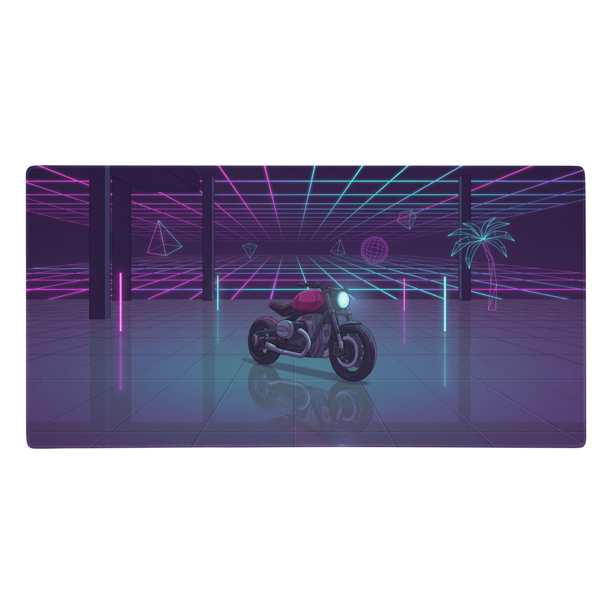 Bmw r ninet inspired purple cyan vaporwave gaming mouse pad featuring a red and black motorcycle in neon arena