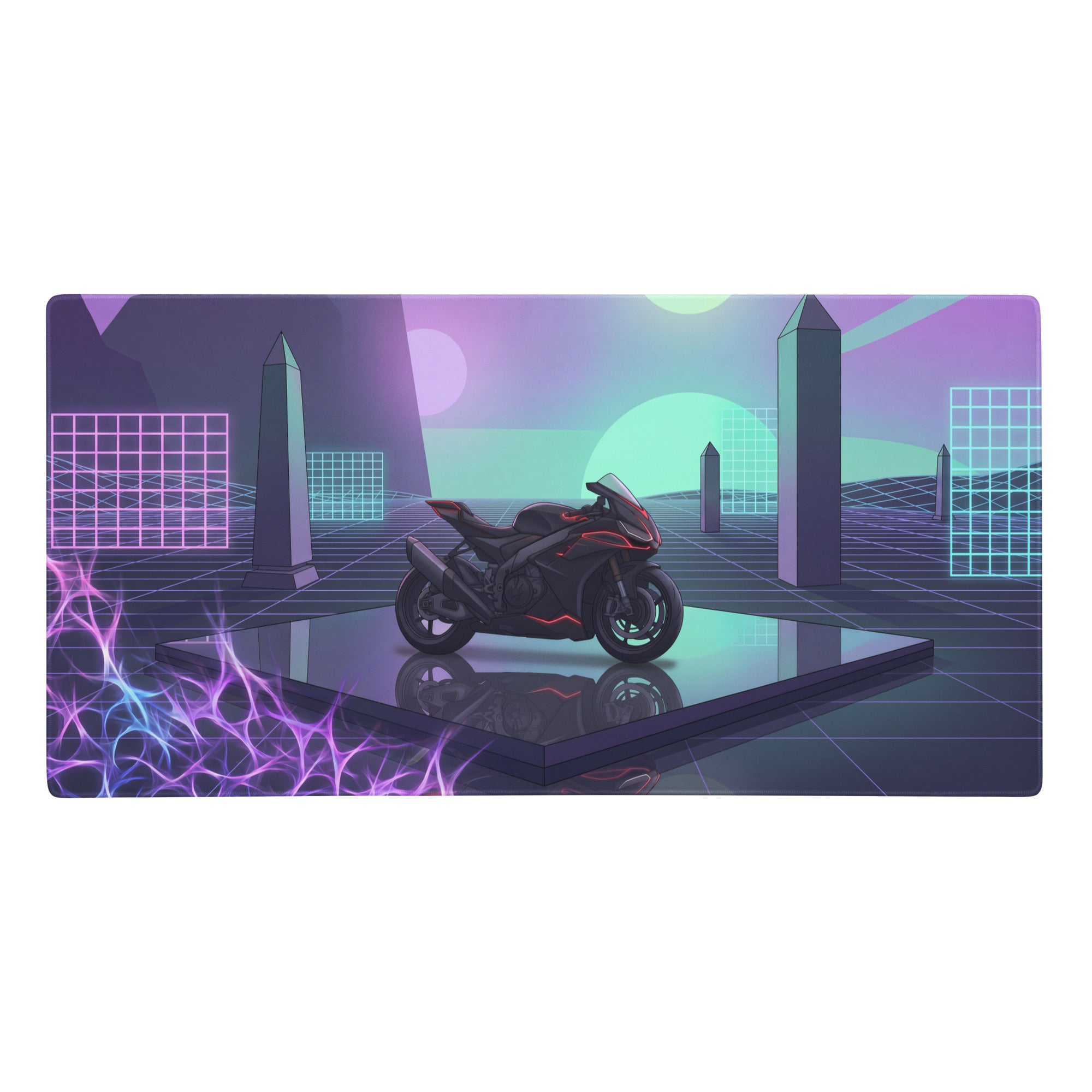 Aprilia rsv4 1100 inspired black and red sport motorcycle with neon accents on a vaporwave gaming mouse pad