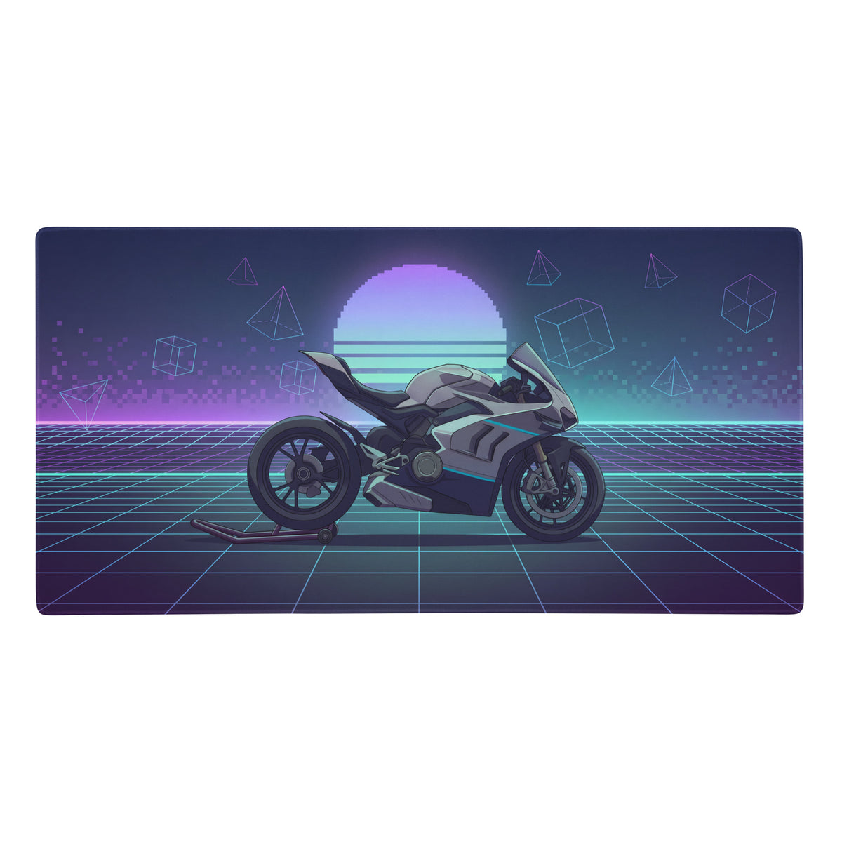 Ducati Panigale V4 inspired silver and black sport motorcycle graphic gaming mouse pad with retro futuristic neon grid design