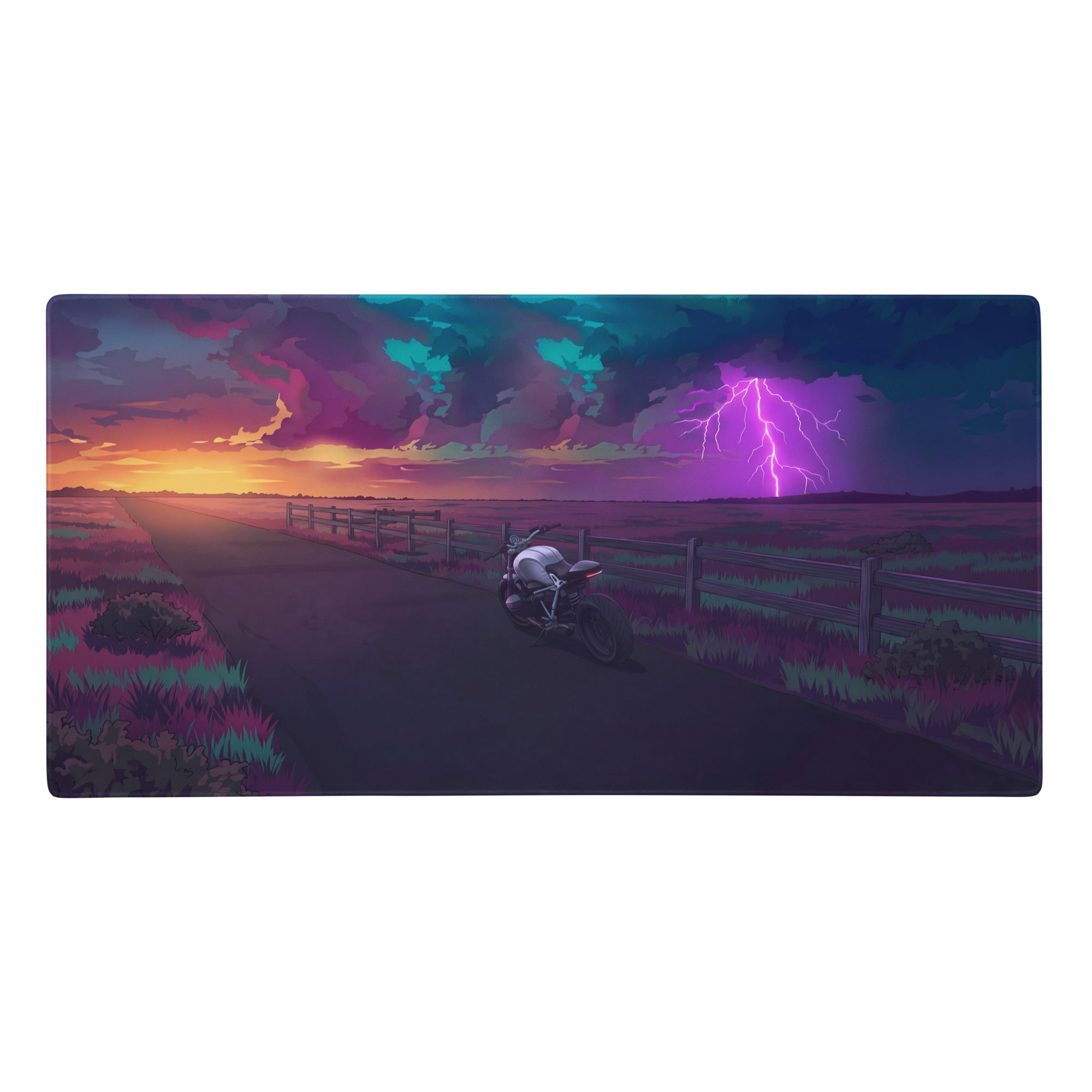 Bmw r ninet inspired silver purple vaporwave gaming mouse pad with a motorcycle under stormy sunset lightning