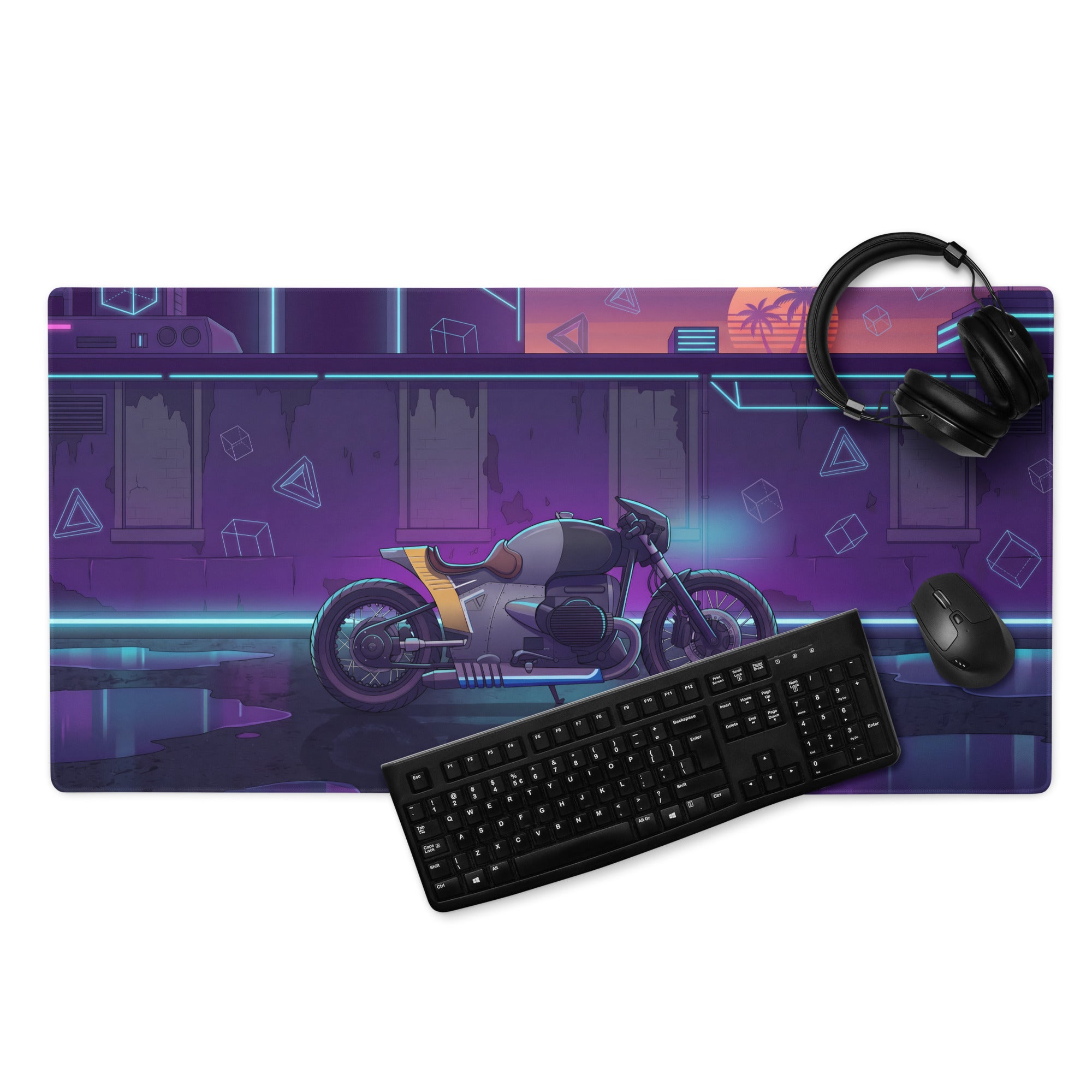BMW R 18 Inspired Café Racer Purple Vaporwave Gaming Mouse Pad – Neon Cyberpunk Garage Desk Mat, Retro Futuristic Motorcycle Artwork