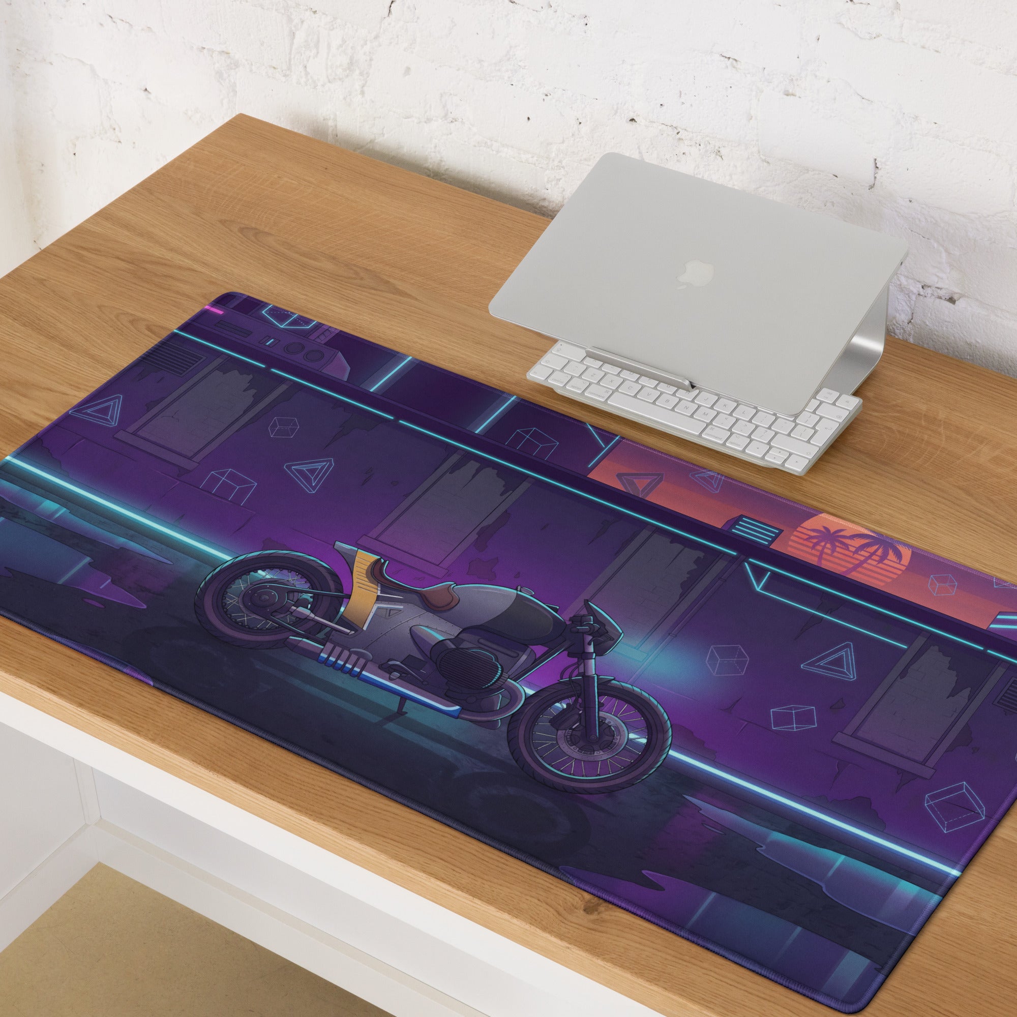 BMW R 18 Inspired Café Racer Purple Vaporwave Gaming Mouse Pad – Neon Cyberpunk Garage Desk Mat, Retro Futuristic Motorcycle Artwork