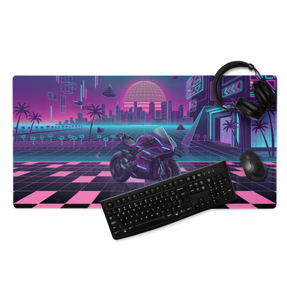 Ducati Superleggera Inspired Purple Pink Vaporwave Gaming Mouse Pad – Neon Cyberpunk City Desk Mat, Retro Futuristic Superbike Digital Artwork
