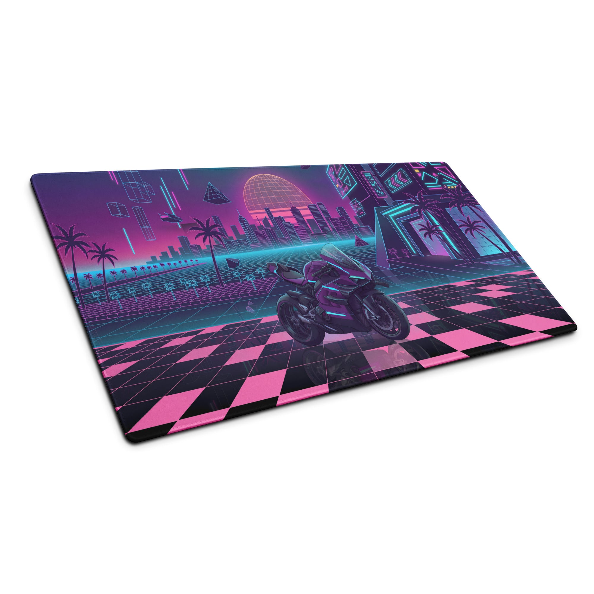 Ducati Superleggera Inspired Purple Pink Vaporwave Gaming Mouse Pad – Neon Cyberpunk City Desk Mat, Retro Futuristic Superbike Digital Artwork