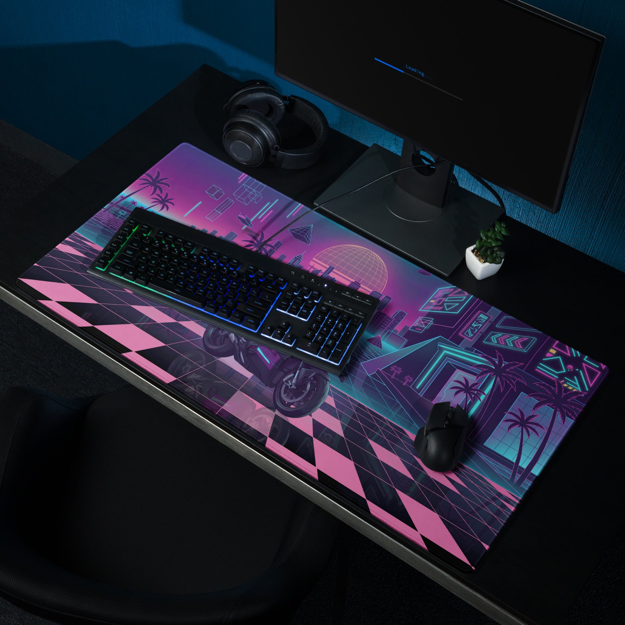 Ducati Superleggera Inspired Purple Pink Vaporwave Gaming Mouse Pad – Neon Cyberpunk City Desk Mat, Retro Futuristic Superbike Digital Artwork