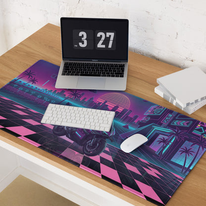 Ducati Superleggera Inspired Purple Pink Vaporwave Gaming Mouse Pad – Neon Cyberpunk City Desk Mat, Retro Futuristic Superbike Digital Artwork
