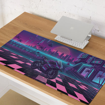 Ducati Superleggera Inspired Purple Pink Vaporwave Gaming Mouse Pad – Neon Cyberpunk City Desk Mat, Retro Futuristic Superbike Digital Artwork