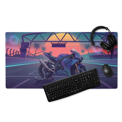 Honda CBR1000RR Fireblade Inspired Blue Vaporwave Gaming Mouse Pad – Neon Sunset Racetrack Desk Mat, Retro Futuristic Superbike Digital Artwork