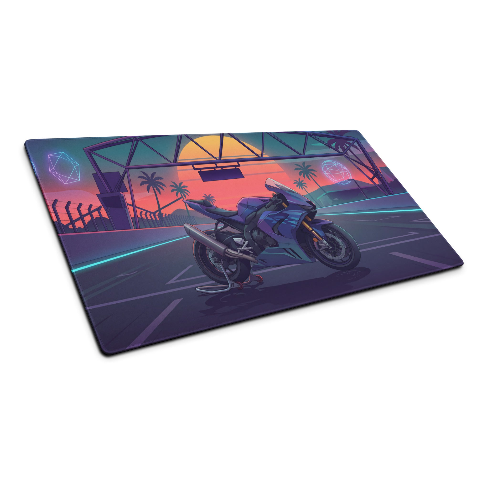 Honda CBR1000RR Fireblade Inspired Blue Vaporwave Gaming Mouse Pad – Neon Sunset Racetrack Desk Mat, Retro Futuristic Superbike Digital Artwork