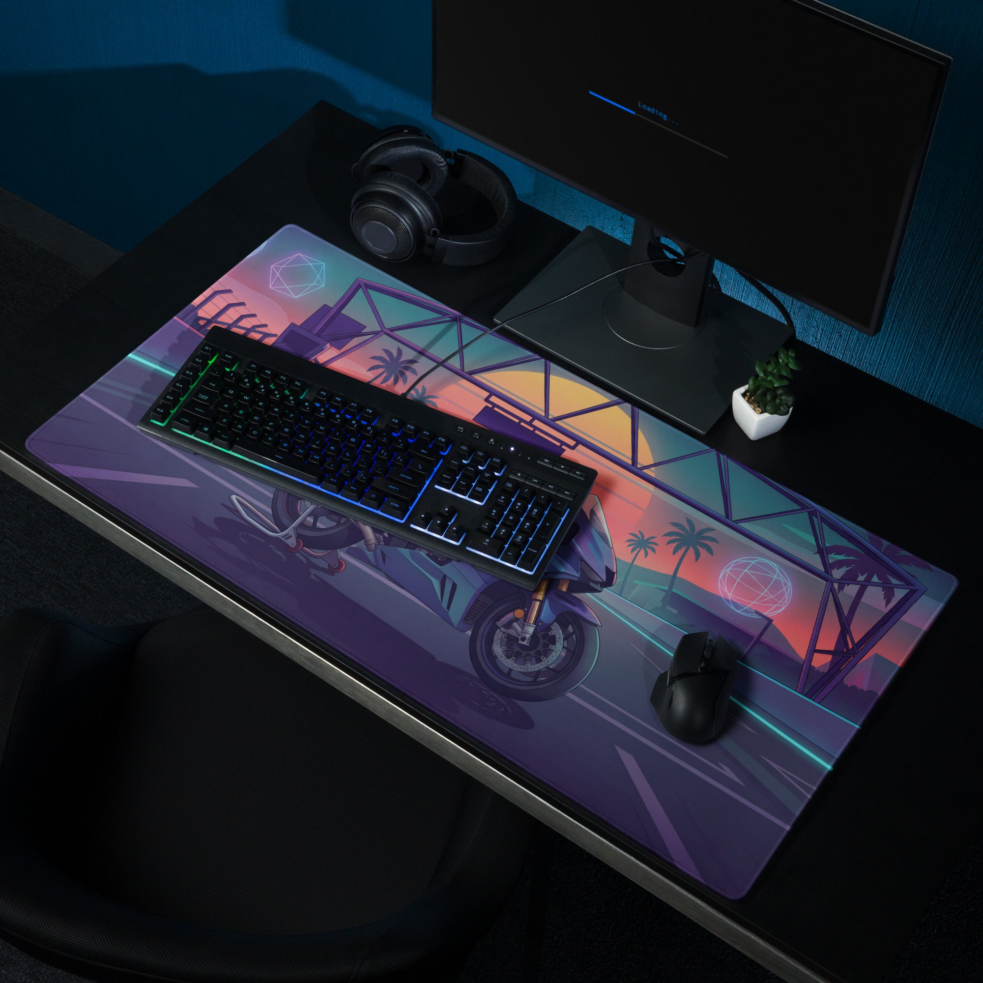 Honda CBR1000RR Fireblade Inspired Blue Vaporwave Gaming Mouse Pad – Neon Sunset Racetrack Desk Mat, Retro Futuristic Superbike Digital Artwork