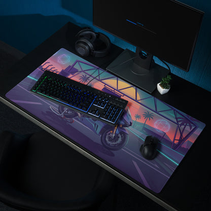 Honda CBR1000RR Fireblade Inspired Blue Vaporwave Gaming Mouse Pad – Neon Sunset Racetrack Desk Mat, Retro Futuristic Superbike Digital Artwork