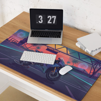 Honda CBR1000RR Fireblade Inspired Blue Vaporwave Gaming Mouse Pad – Neon Sunset Racetrack Desk Mat, Retro Futuristic Superbike Digital Artwork
