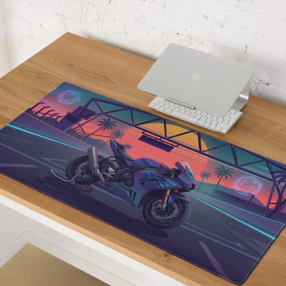 Honda CBR1000RR Fireblade Inspired Blue Vaporwave Gaming Mouse Pad – Neon Sunset Racetrack Desk Mat, Retro Futuristic Superbike Digital Artwork