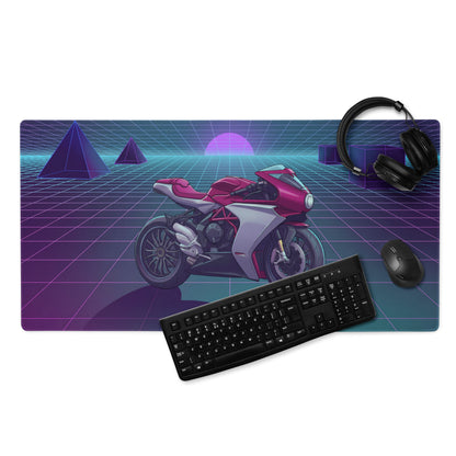 MV Agusta Superveloce 800 Inspired Red Silver Vaporwave Gaming Mouse Pad – Neon Retro Grid Desk Mat, Futuristic Café Racer Digital Artwork