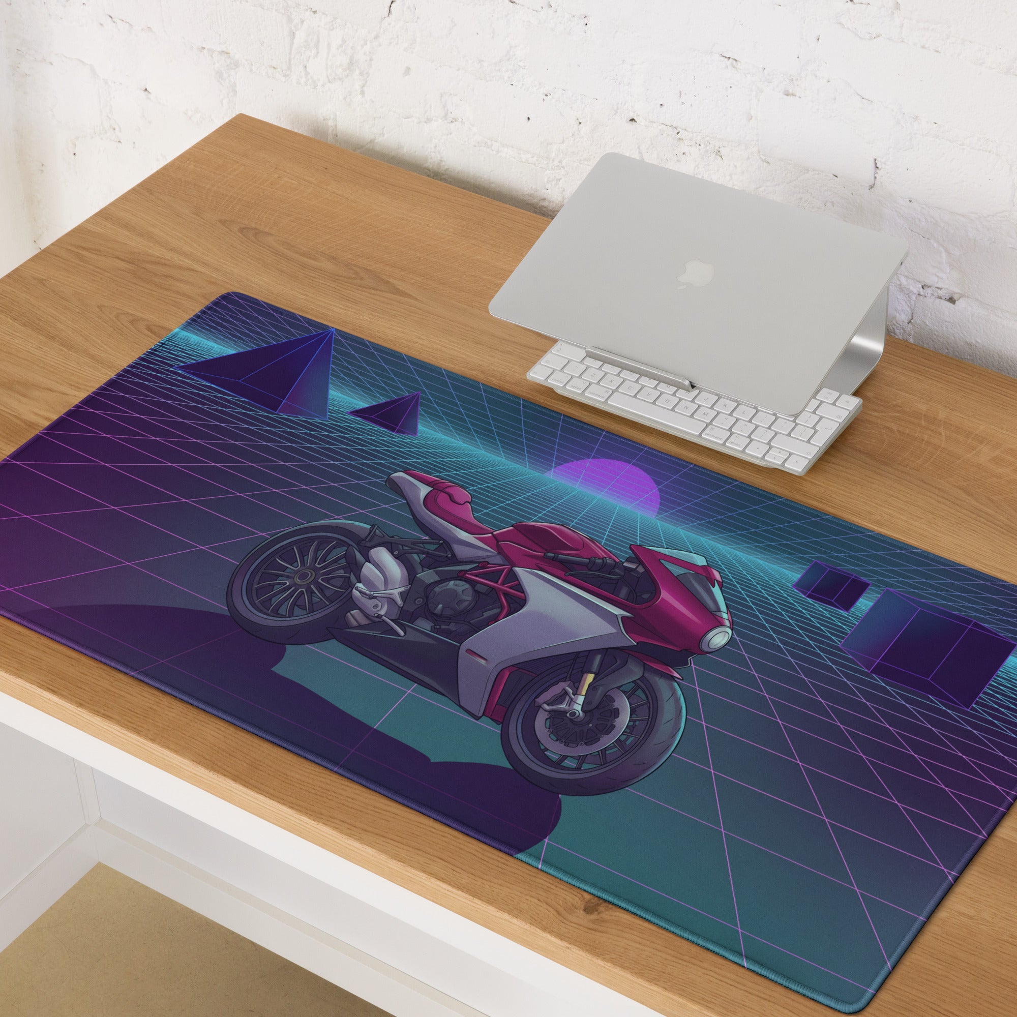 MV Agusta Superveloce 800 Inspired Red Silver Vaporwave Gaming Mouse Pad – Neon Retro Grid Desk Mat, Futuristic Café Racer Digital Artwork