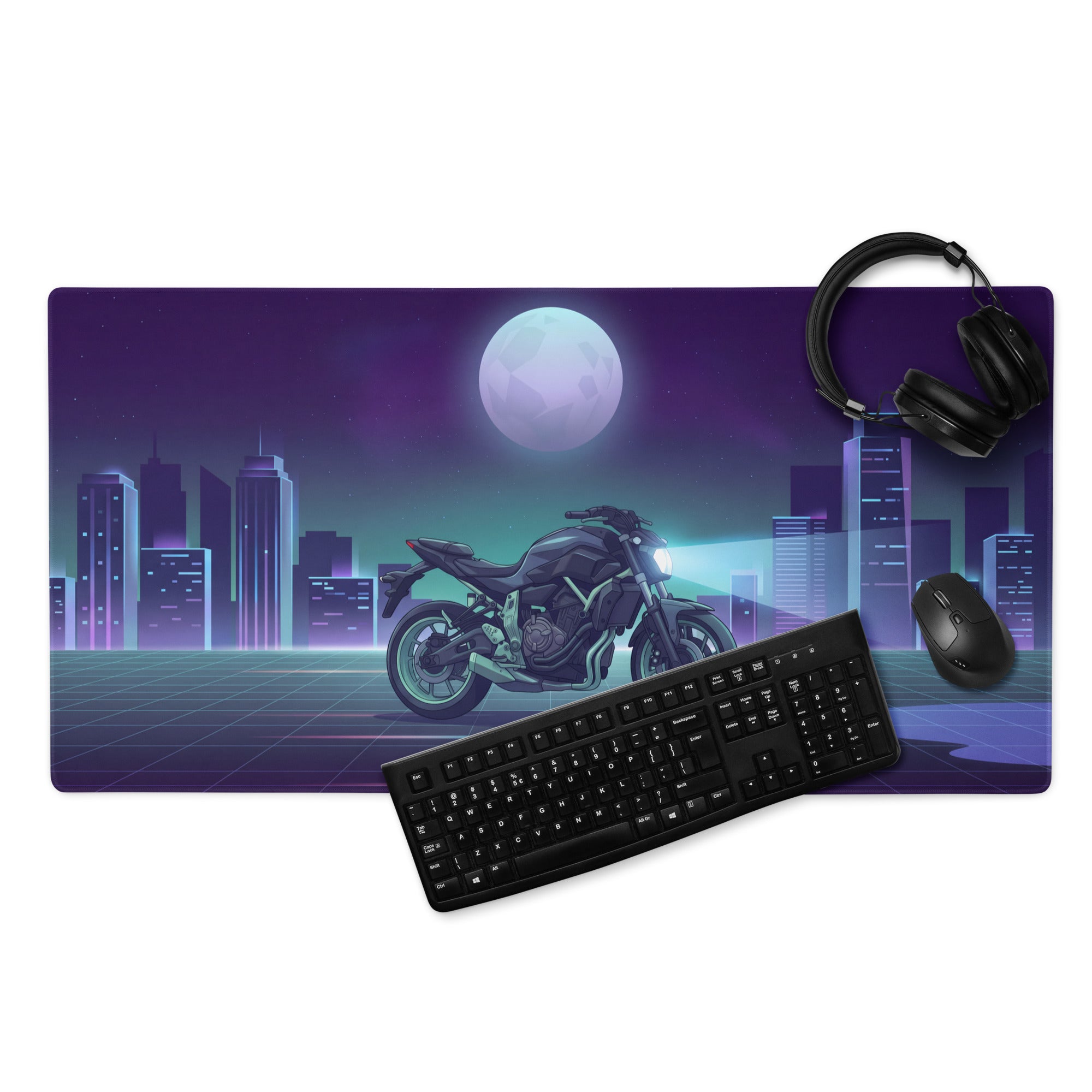 Yamaha MT-07 Inspired Black Blue Vaporwave Gaming Mouse Pad – Neon Moonlit City Desk Mat, Retro Futuristic Naked Motorcycle Digital Artwork