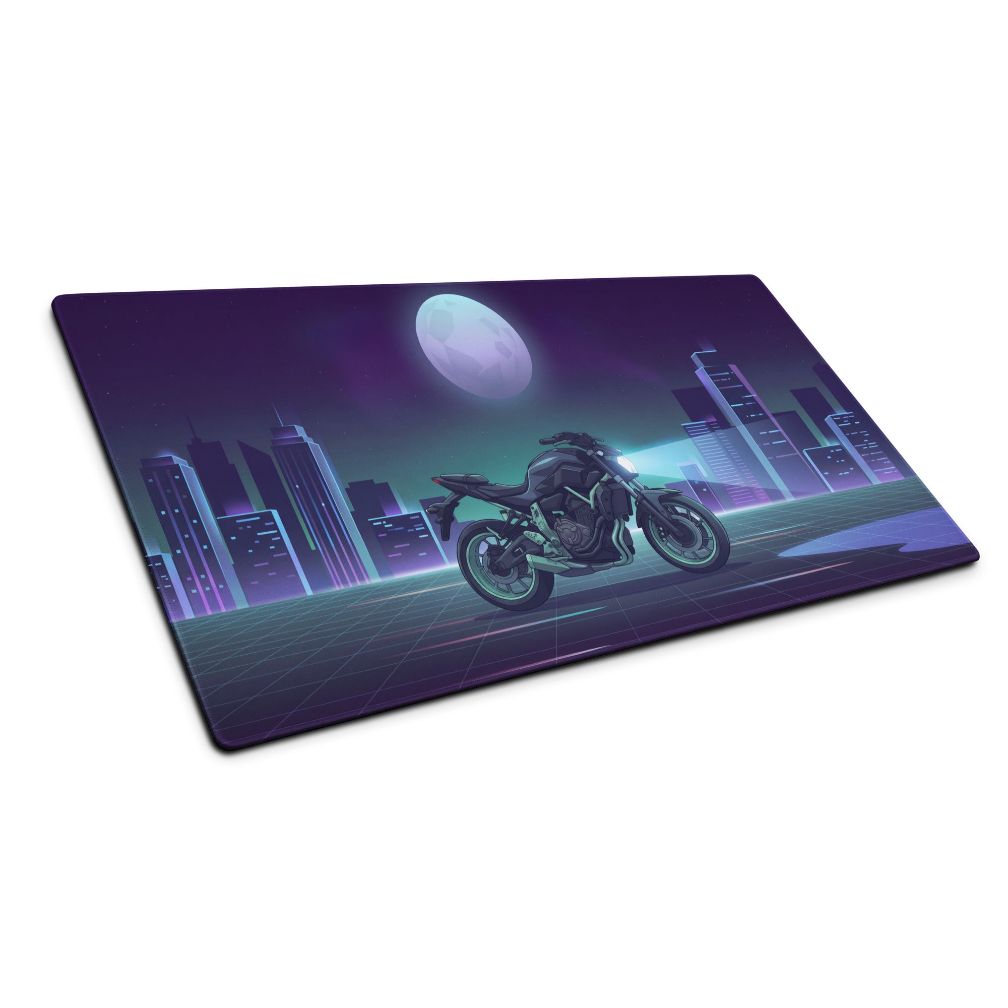 Yamaha MT-07 Inspired Black Blue Vaporwave Gaming Mouse Pad – Neon Moonlit City Desk Mat, Retro Futuristic Naked Motorcycle Digital Artwork