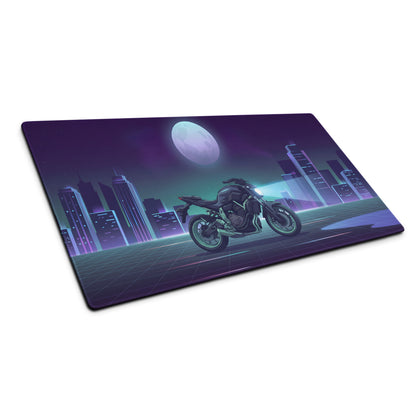 Yamaha MT-07 Inspired Black Blue Vaporwave Gaming Mouse Pad – Neon Moonlit City Desk Mat, Retro Futuristic Naked Motorcycle Digital Artwork