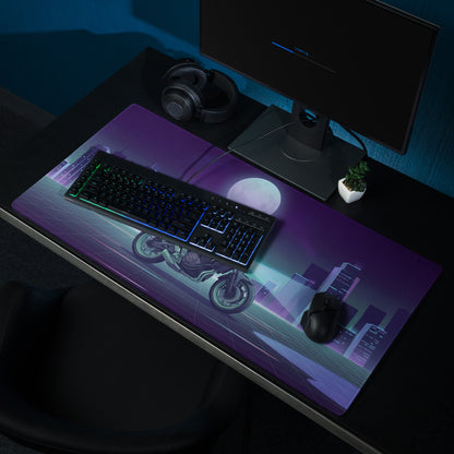 Yamaha MT-07 Inspired Black Blue Vaporwave Gaming Mouse Pad – Neon Moonlit City Desk Mat, Retro Futuristic Naked Motorcycle Digital Artwork