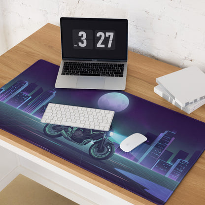Yamaha MT-07 Inspired Black Blue Vaporwave Gaming Mouse Pad – Neon Moonlit City Desk Mat, Retro Futuristic Naked Motorcycle Digital Artwork