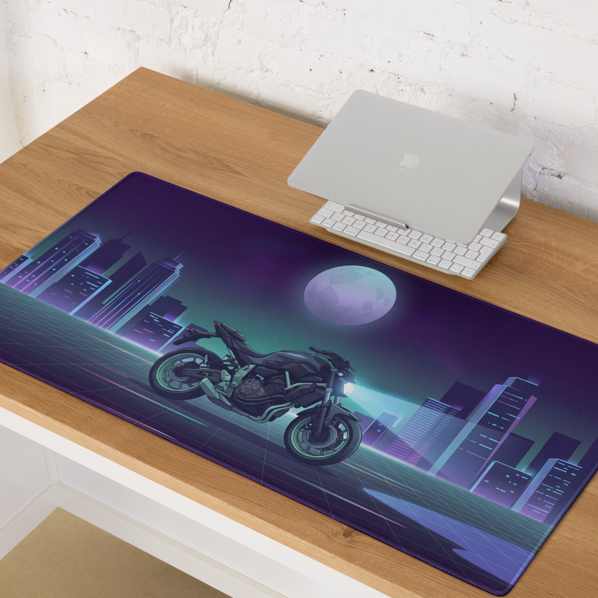 Yamaha MT-07 Inspired Black Blue Vaporwave Gaming Mouse Pad – Neon Moonlit City Desk Mat, Retro Futuristic Naked Motorcycle Digital Artwork
