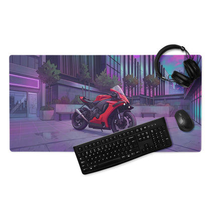 Yamaha YZF-R1 Inspired Red Purple Vaporwave Gaming Mouse Pad – Neon Cyberpunk City Desk Mat, Futuristic Superbike Digital Artwork