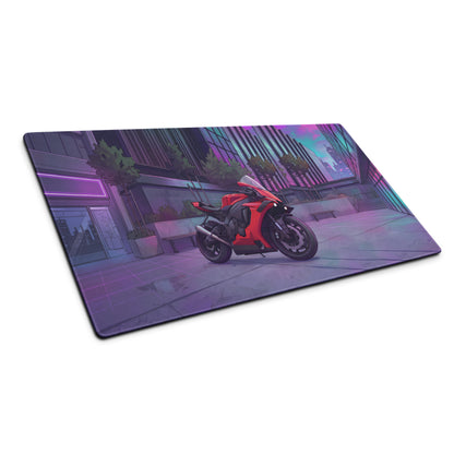 Yamaha YZF-R1 Inspired Red Purple Vaporwave Gaming Mouse Pad – Neon Cyberpunk City Desk Mat, Futuristic Superbike Digital Artwork