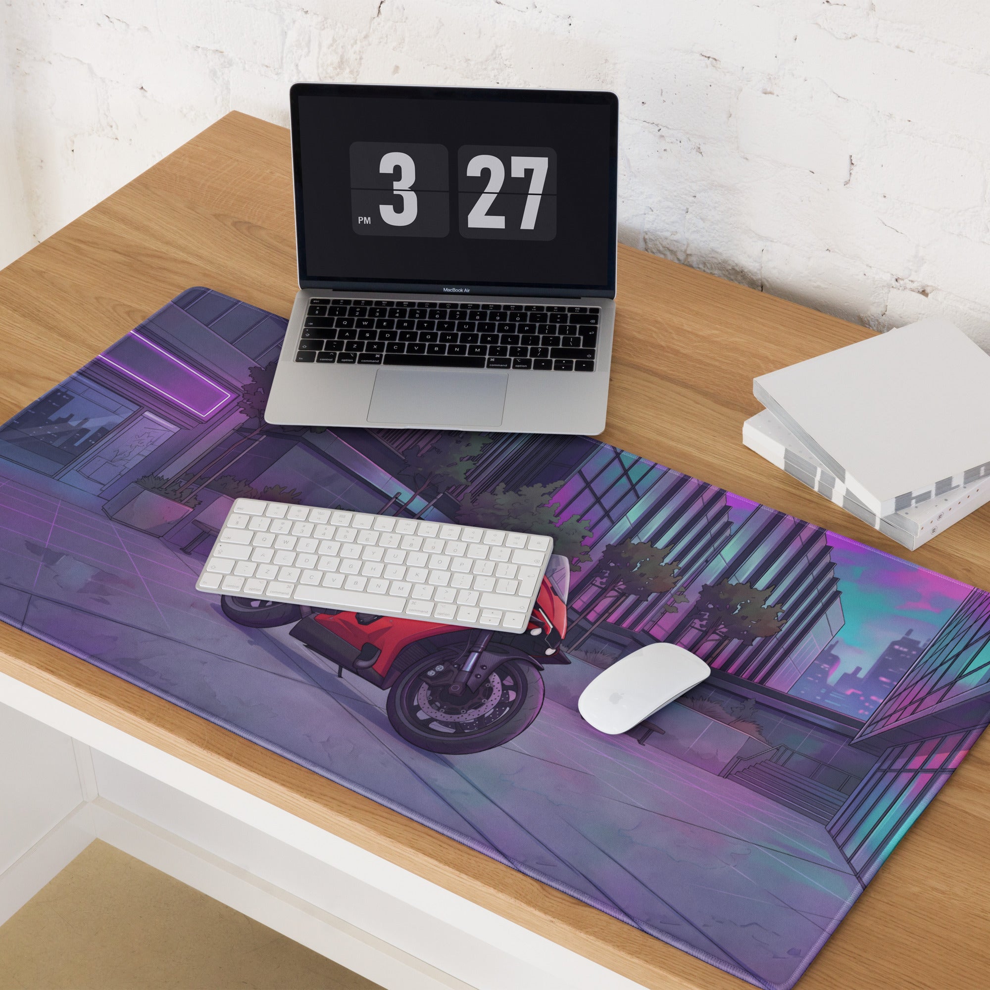 Yamaha YZF-R1 Inspired Red Purple Vaporwave Gaming Mouse Pad – Neon Cyberpunk City Desk Mat, Futuristic Superbike Digital Artwork