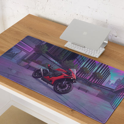 Yamaha YZF-R1 Inspired Red Purple Vaporwave Gaming Mouse Pad – Neon Cyberpunk City Desk Mat, Futuristic Superbike Digital Artwork