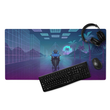 Yamaha YZF-R1 Inspired Blue Purple Vaporwave Gaming Mouse Pad – Neon Retro Grid Desk Mat, Futuristic Superbike Palm Tree Digital Artwork
